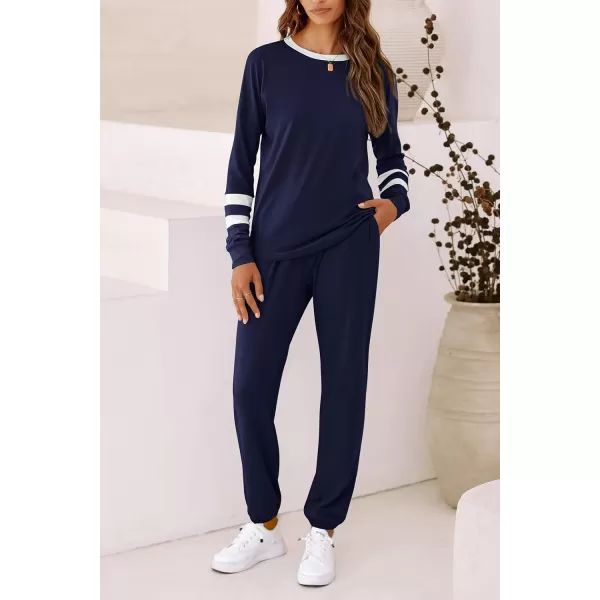 imagePRETTYGARDEN Womens 2023 Fall Two Piece Outfit Long Sleeve Crewneck Pullover Tops and Long Pants TracksuitStriped Dark Blue