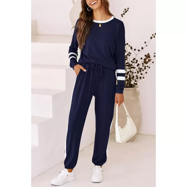 imagePRETTYGARDEN Womens 2023 Fall Two Piece Outfit Long Sleeve Crewneck Pullover Tops and Long Pants TracksuitStriped Dark Blue