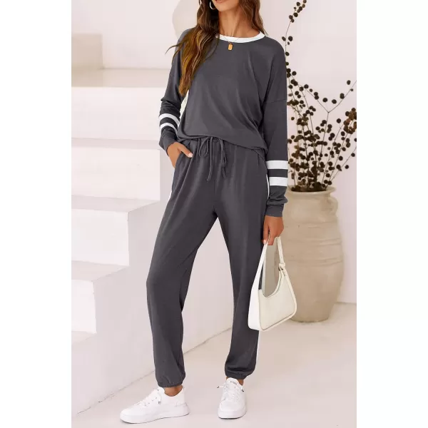imagePRETTYGARDEN Womens 2023 Fall Two Piece Outfit Long Sleeve Crewneck Pullover Tops and Long Pants TracksuitStriped Dark Grey