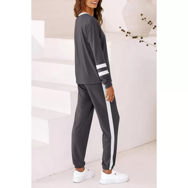 imagePRETTYGARDEN Womens 2023 Fall Two Piece Outfit Long Sleeve Crewneck Pullover Tops and Long Pants TracksuitStriped Dark Grey