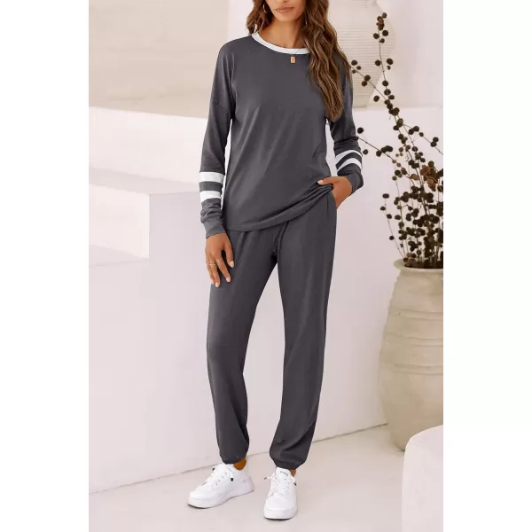 imagePRETTYGARDEN Womens 2023 Fall Two Piece Outfit Long Sleeve Crewneck Pullover Tops and Long Pants TracksuitStriped Dark Grey