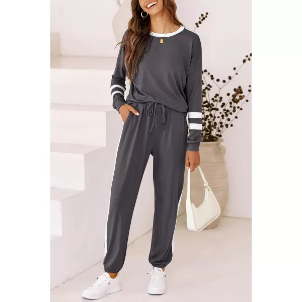 imagePRETTYGARDEN Womens 2023 Fall Two Piece Outfit Long Sleeve Crewneck Pullover Tops and Long Pants TracksuitStriped Dark Grey