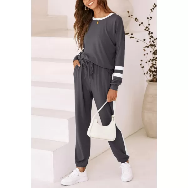 imagePRETTYGARDEN Womens 2023 Fall Two Piece Outfit Long Sleeve Crewneck Pullover Tops and Long Pants TracksuitStriped Dark Grey