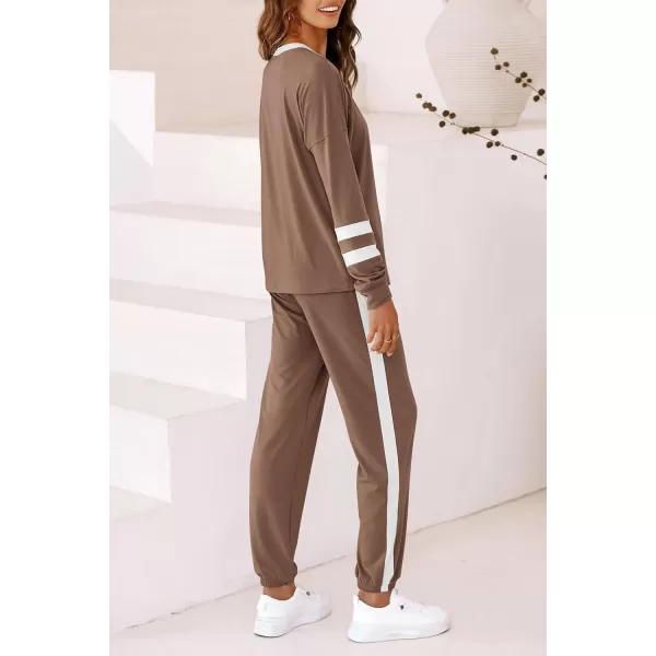 imagePRETTYGARDEN Womens 2023 Fall Two Piece Outfit Long Sleeve Crewneck Pullover Tops and Long Pants TracksuitStriped Dark Khaki