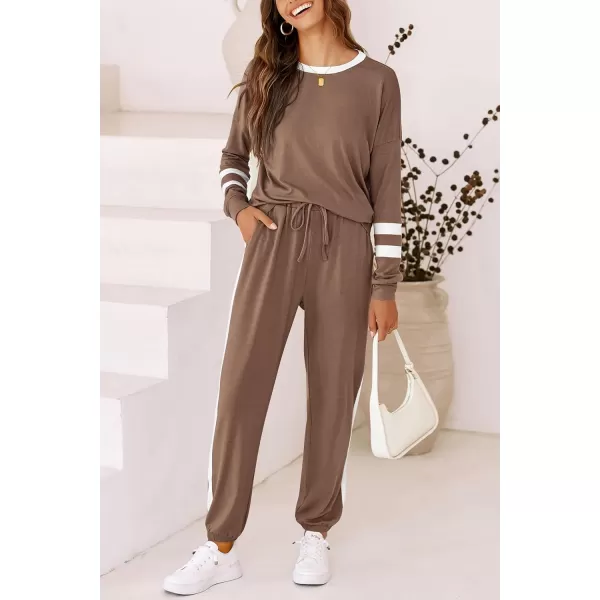 imagePRETTYGARDEN Womens 2023 Fall Two Piece Outfit Long Sleeve Crewneck Pullover Tops and Long Pants TracksuitStriped Dark Khaki