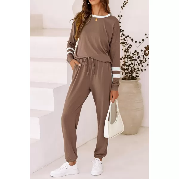 imagePRETTYGARDEN Womens 2023 Fall Two Piece Outfit Long Sleeve Crewneck Pullover Tops and Long Pants TracksuitStriped Dark Khaki