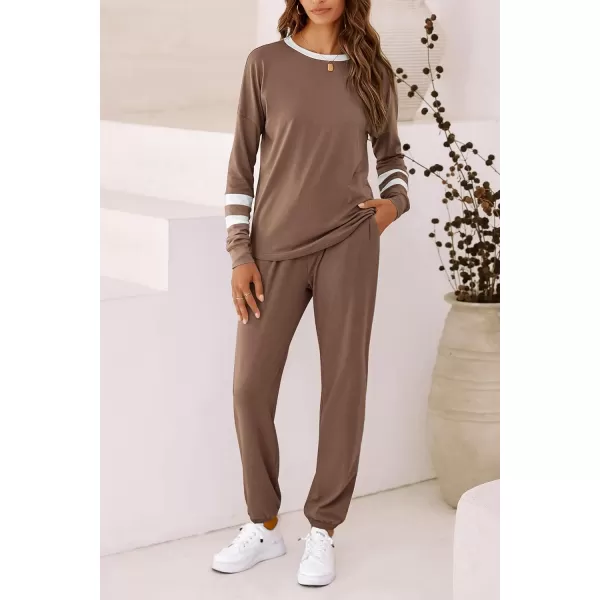 imagePRETTYGARDEN Womens 2023 Fall Two Piece Outfit Long Sleeve Crewneck Pullover Tops and Long Pants TracksuitStriped Dark Khaki