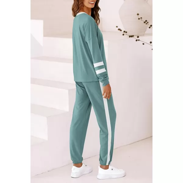 imagePRETTYGARDEN Womens 2023 Fall Two Piece Outfit Long Sleeve Crewneck Pullover Tops and Long Pants TracksuitStriped Fruit Green