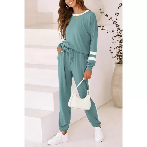 imagePRETTYGARDEN Womens 2023 Fall Two Piece Outfit Long Sleeve Crewneck Pullover Tops and Long Pants TracksuitStriped Fruit Green