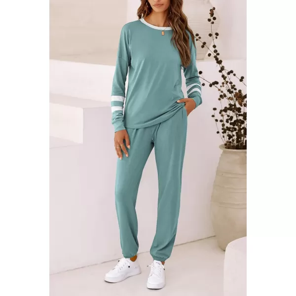 imagePRETTYGARDEN Womens 2023 Fall Two Piece Outfit Long Sleeve Crewneck Pullover Tops and Long Pants TracksuitStriped Fruit Green