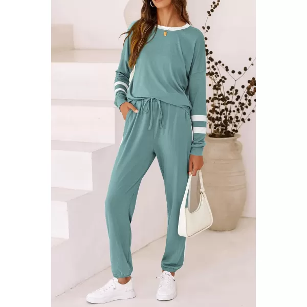 imagePRETTYGARDEN Womens 2023 Fall Two Piece Outfit Long Sleeve Crewneck Pullover Tops and Long Pants TracksuitStriped Fruit Green