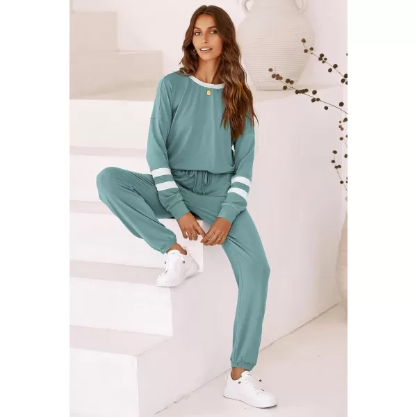 imagePRETTYGARDEN Womens 2023 Fall Two Piece Outfit Long Sleeve Crewneck Pullover Tops and Long Pants TracksuitStriped Fruit Green