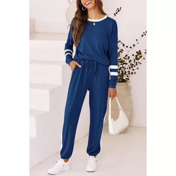 imagePRETTYGARDEN Womens 2023 Fall Two Piece Outfit Long Sleeve Crewneck Pullover Tops and Long Pants TracksuitStriped Navy