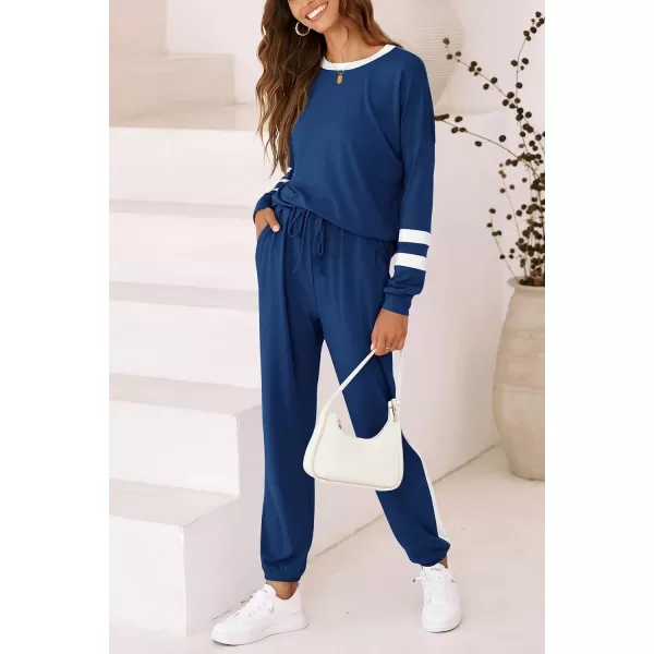 imagePRETTYGARDEN Womens 2023 Fall Two Piece Outfit Long Sleeve Crewneck Pullover Tops and Long Pants TracksuitStriped Navy
