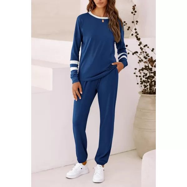 imagePRETTYGARDEN Womens 2023 Fall Two Piece Outfit Long Sleeve Crewneck Pullover Tops and Long Pants TracksuitStriped Navy