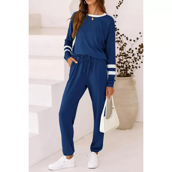 imagePRETTYGARDEN Womens 2023 Fall Two Piece Outfit Long Sleeve Crewneck Pullover Tops and Long Pants TracksuitStriped Navy