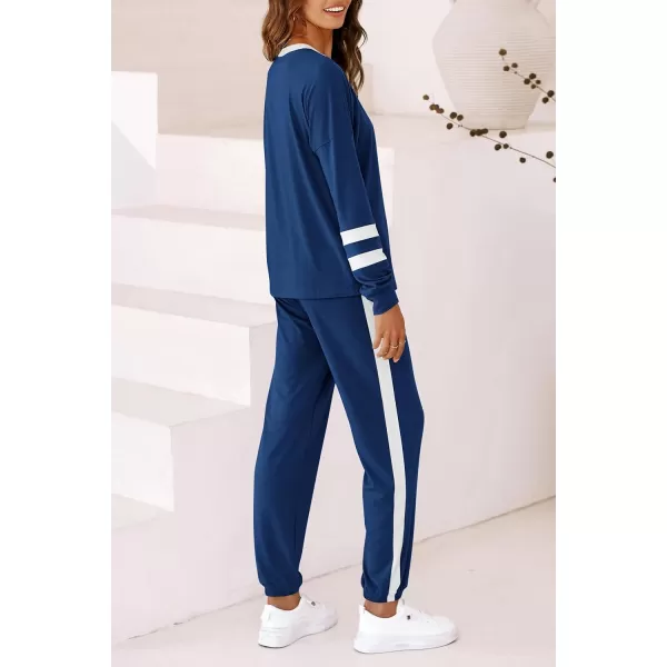 imagePRETTYGARDEN Womens 2023 Fall Two Piece Outfit Long Sleeve Crewneck Pullover Tops and Long Pants TracksuitStriped Navy