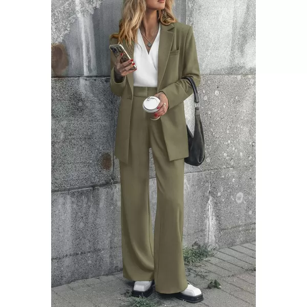 imagePRETTYGARDEN Womens 2023 Fall Two Piece Outfits Blazer Jacket and Wide Leg Pants Pockets Business Casual Suit SetsArmy Green