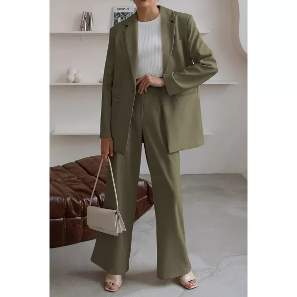 imagePRETTYGARDEN Womens 2023 Fall Two Piece Outfits Blazer Jacket and Wide Leg Pants Pockets Business Casual Suit SetsArmy Green