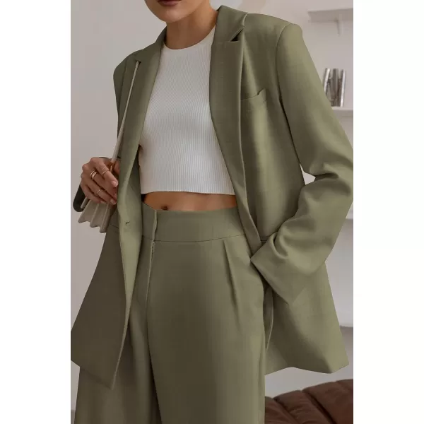 imagePRETTYGARDEN Womens 2023 Fall Two Piece Outfits Blazer Jacket and Wide Leg Pants Pockets Business Casual Suit SetsArmy Green