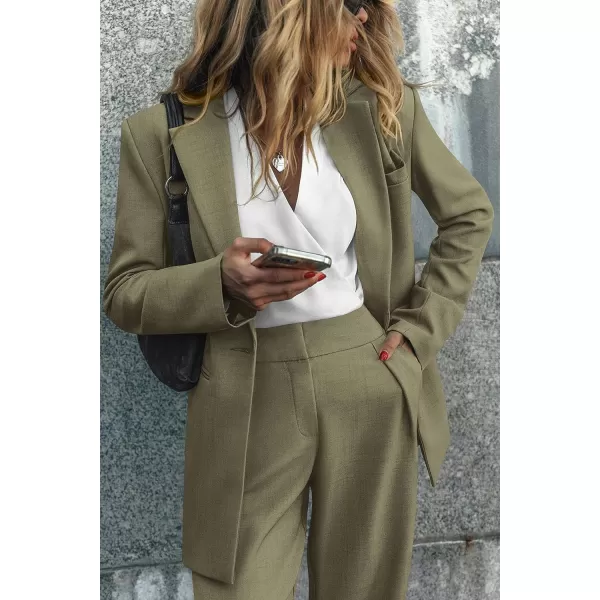 imagePRETTYGARDEN Womens 2023 Fall Two Piece Outfits Blazer Jacket and Wide Leg Pants Pockets Business Casual Suit SetsArmy Green