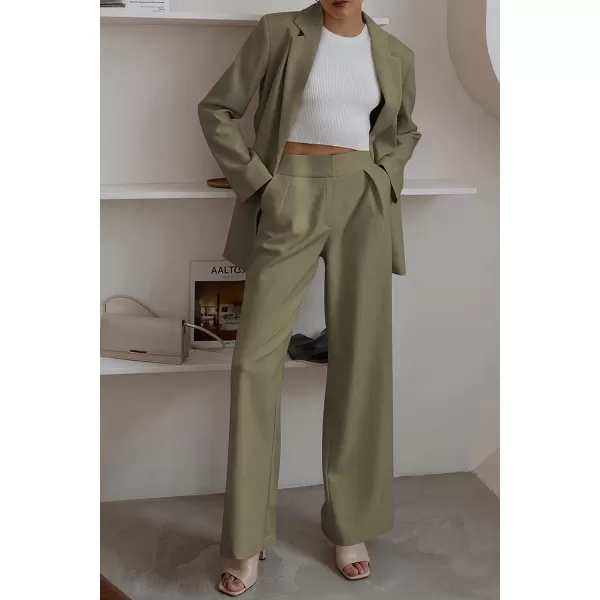 imagePRETTYGARDEN Womens 2023 Fall Two Piece Outfits Blazer Jacket and Wide Leg Pants Pockets Business Casual Suit SetsArmy Green