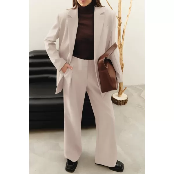 imagePRETTYGARDEN Womens 2023 Fall Two Piece Outfits Blazer Jacket and Wide Leg Pants Pockets Business Casual Suit SetsBeige