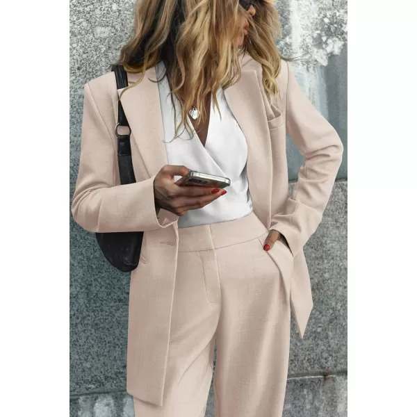 imagePRETTYGARDEN Womens 2023 Fall Two Piece Outfits Blazer Jacket and Wide Leg Pants Pockets Business Casual Suit SetsBeige