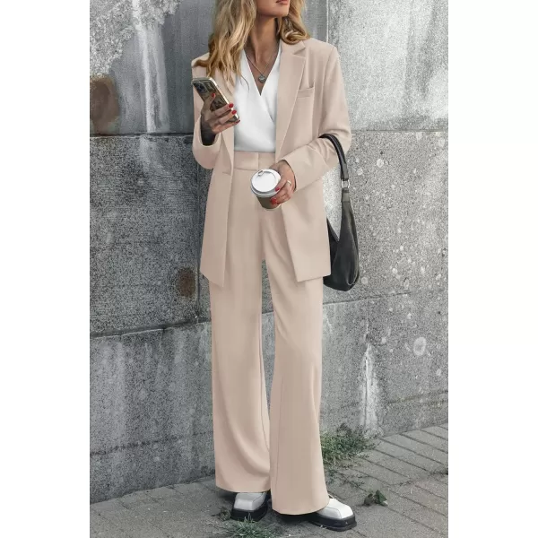 imagePRETTYGARDEN Womens 2023 Fall Two Piece Outfits Blazer Jacket and Wide Leg Pants Pockets Business Casual Suit SetsBeige