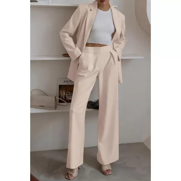 imagePRETTYGARDEN Womens 2023 Fall Two Piece Outfits Blazer Jacket and Wide Leg Pants Pockets Business Casual Suit SetsBeige