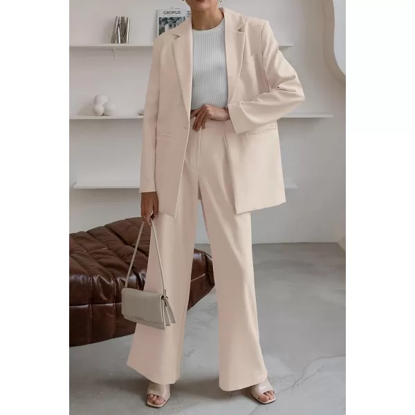 imagePRETTYGARDEN Womens 2023 Fall Two Piece Outfits Blazer Jacket and Wide Leg Pants Pockets Business Casual Suit SetsBeige