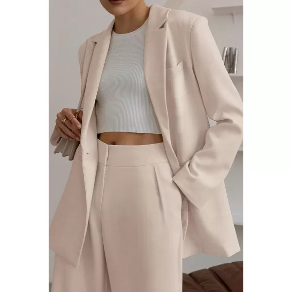 imagePRETTYGARDEN Womens 2023 Fall Two Piece Outfits Blazer Jacket and Wide Leg Pants Pockets Business Casual Suit SetsBeige