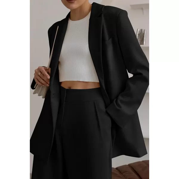 imagePRETTYGARDEN Womens 2023 Fall Two Piece Outfits Blazer Jacket and Wide Leg Pants Pockets Business Casual Suit SetsBlack