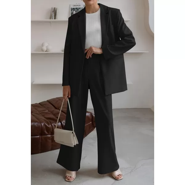 imagePRETTYGARDEN Womens 2023 Fall Two Piece Outfits Blazer Jacket and Wide Leg Pants Pockets Business Casual Suit SetsBlack
