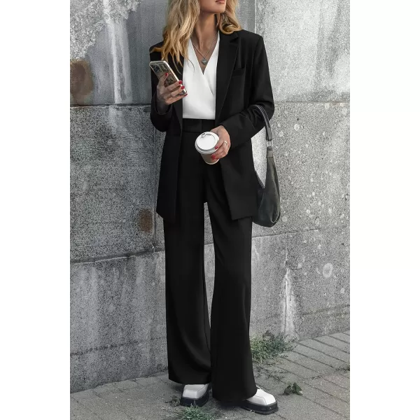 imagePRETTYGARDEN Womens 2023 Fall Two Piece Outfits Blazer Jacket and Wide Leg Pants Pockets Business Casual Suit SetsBlack