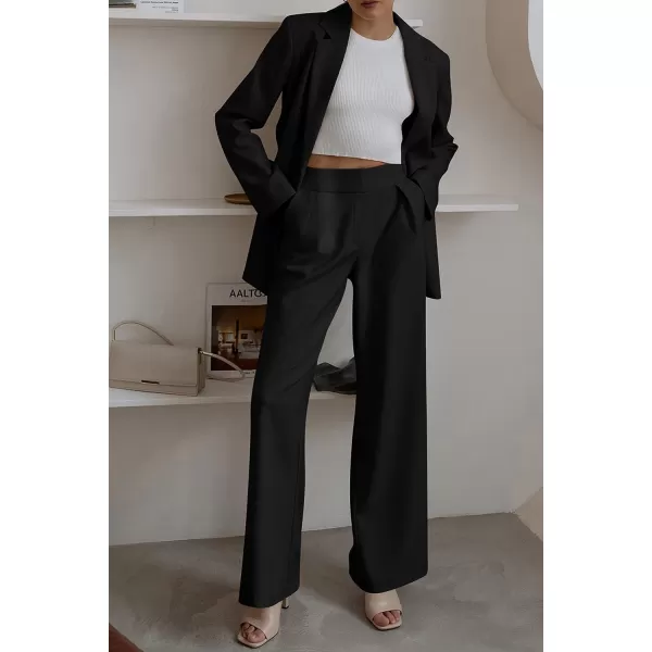 imagePRETTYGARDEN Womens 2023 Fall Two Piece Outfits Blazer Jacket and Wide Leg Pants Pockets Business Casual Suit SetsBlack
