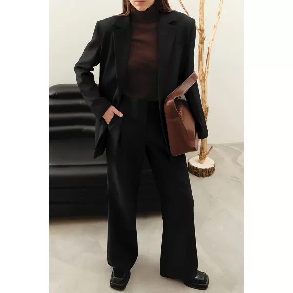 imagePRETTYGARDEN Womens 2023 Fall Two Piece Outfits Blazer Jacket and Wide Leg Pants Pockets Business Casual Suit SetsBlack