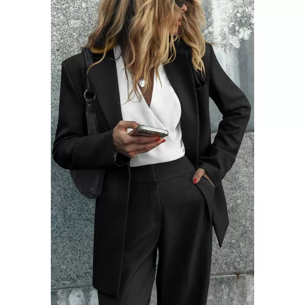imagePRETTYGARDEN Womens 2023 Fall Two Piece Outfits Blazer Jacket and Wide Leg Pants Pockets Business Casual Suit SetsBlack