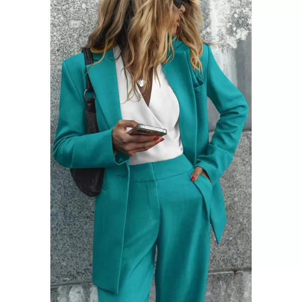 imagePRETTYGARDEN Womens 2023 Fall Two Piece Outfits Blazer Jacket and Wide Leg Pants Pockets Business Casual Suit SetsBlue Green