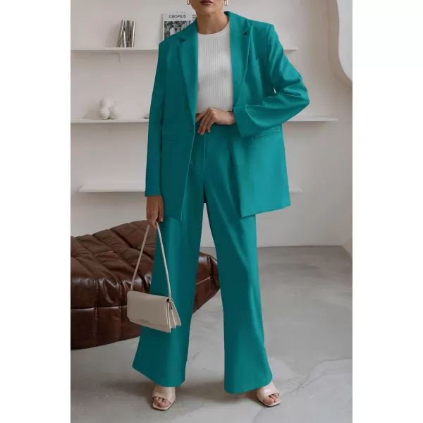 imagePRETTYGARDEN Womens 2023 Fall Two Piece Outfits Blazer Jacket and Wide Leg Pants Pockets Business Casual Suit SetsBlue Green