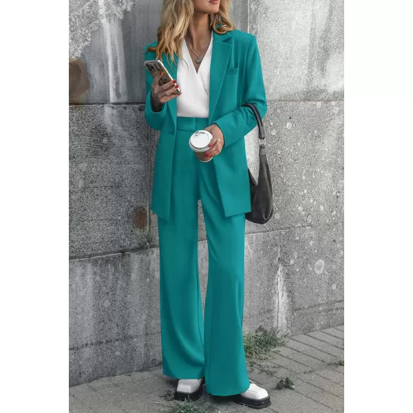 imagePRETTYGARDEN Womens 2023 Fall Two Piece Outfits Blazer Jacket and Wide Leg Pants Pockets Business Casual Suit SetsBlue Green