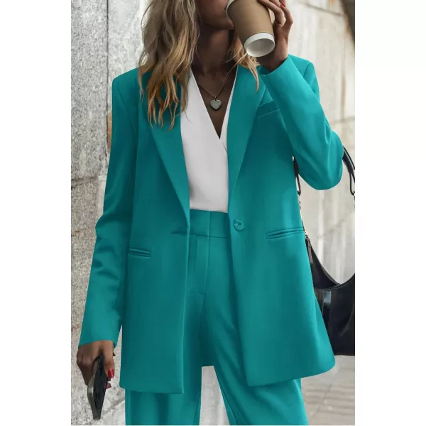 imagePRETTYGARDEN Womens 2023 Fall Two Piece Outfits Blazer Jacket and Wide Leg Pants Pockets Business Casual Suit SetsBlue Green