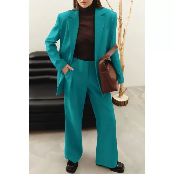 imagePRETTYGARDEN Womens 2023 Fall Two Piece Outfits Blazer Jacket and Wide Leg Pants Pockets Business Casual Suit SetsBlue Green
