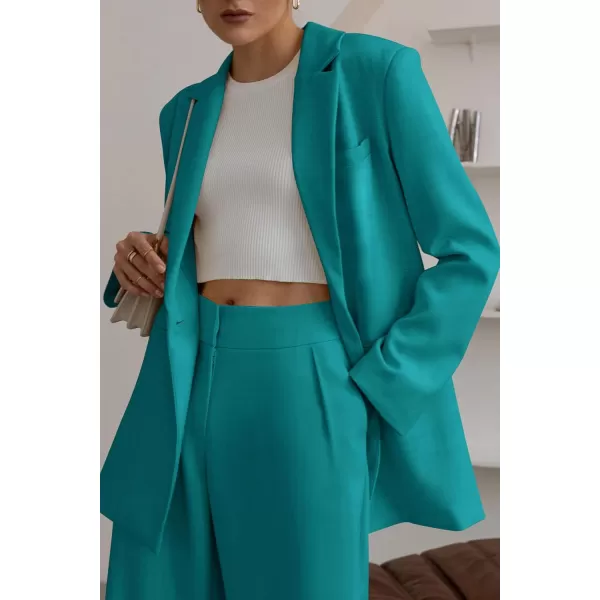 imagePRETTYGARDEN Womens 2023 Fall Two Piece Outfits Blazer Jacket and Wide Leg Pants Pockets Business Casual Suit SetsBlue Green