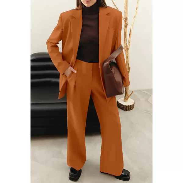 imagePRETTYGARDEN Womens 2023 Fall Two Piece Outfits Blazer Jacket and Wide Leg Pants Pockets Business Casual Suit SetsBrown
