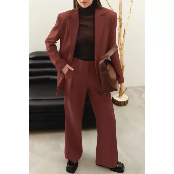 imagePRETTYGARDEN Womens 2023 Fall Two Piece Outfits Blazer Jacket and Wide Leg Pants Pockets Business Casual Suit SetsBrown Red