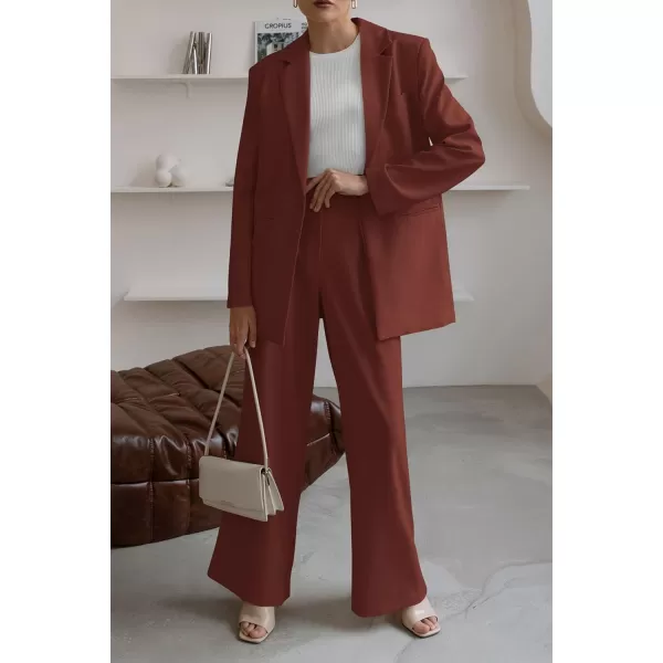 imagePRETTYGARDEN Womens 2023 Fall Two Piece Outfits Blazer Jacket and Wide Leg Pants Pockets Business Casual Suit SetsBrown Red