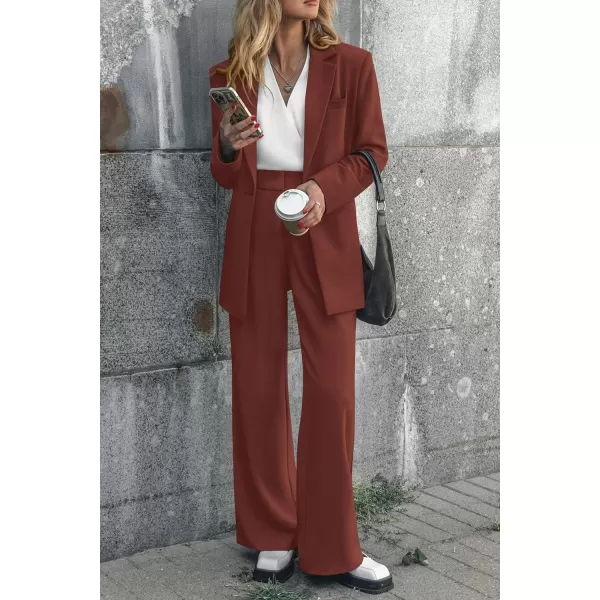 imagePRETTYGARDEN Womens 2023 Fall Two Piece Outfits Blazer Jacket and Wide Leg Pants Pockets Business Casual Suit SetsBrown Red