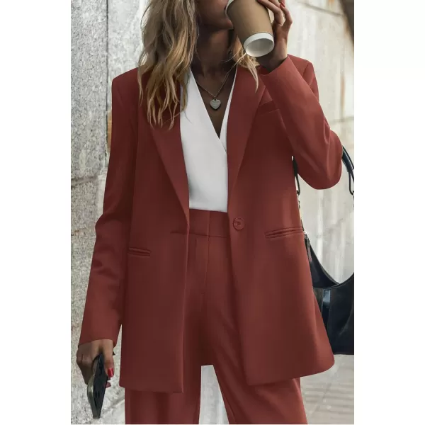 imagePRETTYGARDEN Womens 2023 Fall Two Piece Outfits Blazer Jacket and Wide Leg Pants Pockets Business Casual Suit SetsBrown Red