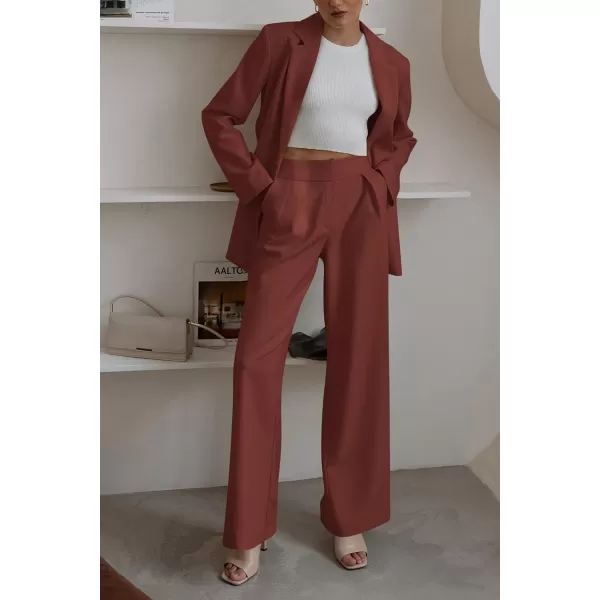 imagePRETTYGARDEN Womens 2023 Fall Two Piece Outfits Blazer Jacket and Wide Leg Pants Pockets Business Casual Suit SetsBrown Red